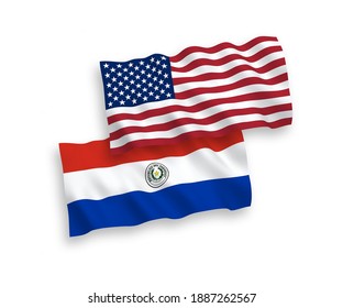 National vector fabric wave flags of Paraguay and USA isolated on white background. 1 to 2 proportion.