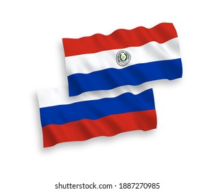 National vector fabric wave flags of Paraguay and Russia isolated on white background. 1 to 2 proportion.