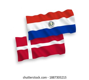 National vector fabric wave flags of Denmark and Paraguay isolated on white background. 1 to 2 proportion.