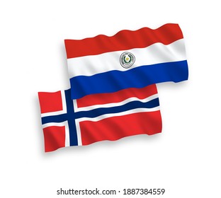National vector fabric wave flags of Norway and Paraguay isolated on white background. 1 to 2 proportion.