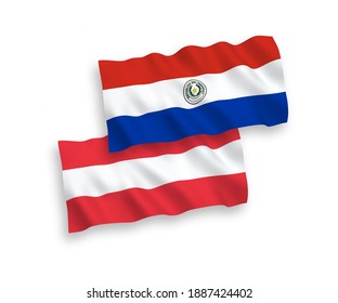 National vector fabric wave flags of Austria and Paraguay isolated on white background. 1 to 2 proportion.