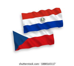 National vector fabric wave flags of Czech Republic and Paraguay isolated on white background. 1 to 2 proportion.