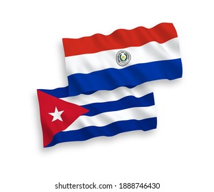 National vector fabric wave flags of Paraguay and Cuba isolated on white background. 1 to 2 proportion.