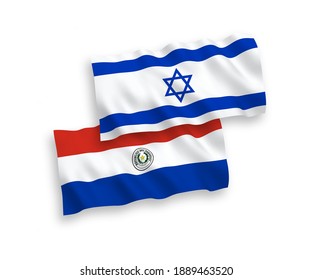 National vector fabric wave flags of Paraguay and Israel isolated on white background. 1 to 2 proportion.