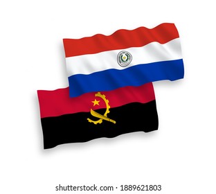 National vector fabric wave flags of Paraguay and Angola isolated on white background. 1 to 2 proportion.