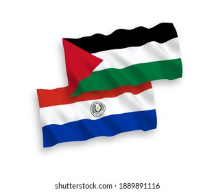 National vector fabric wave flags of Paraguay and Palestine isolated on white background. 1 to 2 proportion.