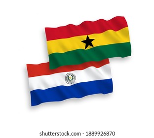 National vector fabric wave flags of Paraguay and Ghana isolated on white background. 1 to 2 proportion.
