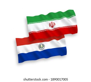 National vector fabric wave flags of Paraguay and Iran isolated on white background. 1 to 2 proportion.