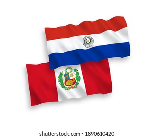 National vector fabric wave flags of Paraguay and Peru isolated on white background. 1 to 2 proportion.