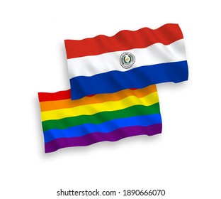 Nationale Vektor-Wellen-Flaggen von Paraguay und Regenbogen-Homosexuellen Stolz einzeln auf weißem Hintergrund. 1 bis 2 %.