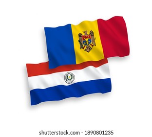 National vector fabric wave flags of Paraguay and Moldova isolated on white background. 1 to 2 proportion.