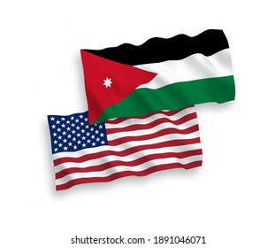 National vector fabric wave flags of Hashemite Kingdom of Jordan and USA isolated on white background. 1 to 2 proportion.