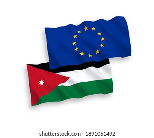 National vector fabric wave flags of European Union and Hashemite Kingdom of Jordan isolated on white background. 1 to 2 proportion.