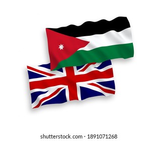 National vector fabric wave flags of Great Britain and Hashemite Kingdom of Jordan isolated on white background. 1 to 2 proportion.