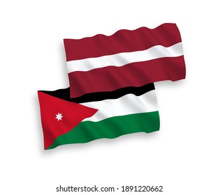 National vector fabric wave flags of Latvia and Hashemite Kingdom of Jordan isolated on white background. 1 to 2 proportion.