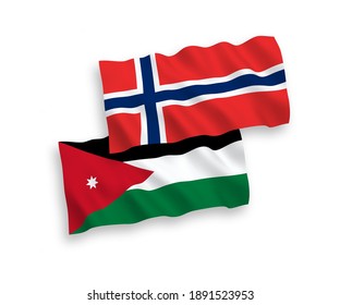 Banderas de ondulación de tela vectorial nacional de Noruega y el Reino Hachemita de Jordania aisladas sobre fondo blanco. de 1 a 2.