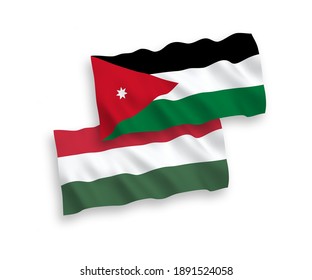 National vector fabric wave flags of Hashemite Kingdom of Jordan and Hungary isolated on white background. 1 to 2 proportion.