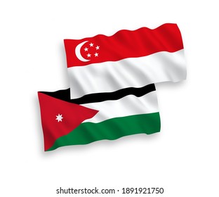 National vector fabric wave flags of Hashemite Kingdom of Jordan and Singapore isolated on white background. 1 to 2 proportion.