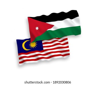 Nationale Vektor-Wellen-Flaggen des Haschemitischen Königreichs Jordanien und Malaysia einzeln auf weißem Hintergrund. 1 bis 2 %.