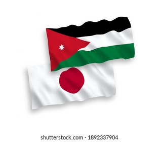 National vector fabric wave flags of Japan and Hashemite Kingdom of Jordan isolated on white background. 1 to 2 proportion.