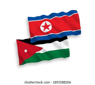 Banderas de ondulación de tela vectorial nacional de Corea del Norte y el Reino Hachemita de Jordania aisladas de fondo blanco. de 1 a 2.