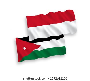 Banderas de ondulación de tela vectorial nacional de Indonesia y el Reino Hachemita de Jordania aisladas de fondo blanco. de 1 a 2.