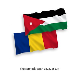 National vector fabric wave flags of Romania and Hashemite Kingdom of Jordan isolated on white background. 1 to 2 proportion.
