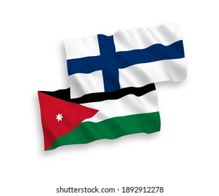 National vector fabric wave flags of Finland and Hashemite Kingdom of Jordan isolated on white background. 1 to 2 proportion.