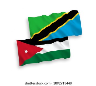 National vector fabric wave flags of Hashemite Kingdom of Jordan and Tanzania isolated on white background. 1 to 2 proportion.