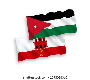 National vector fabric wave flags of Hashemite Kingdom of Jordan and Gibraltar isolated on white background. 1 to 2 proportion.