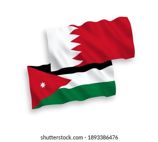 National vector fabric wave flags of Hashemite Kingdom of Jordan and Bahrain isolated on white background. 1 to 2 proportion.