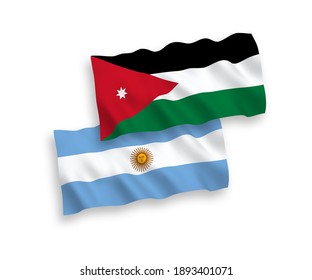 National vector fabric wave flags of Hashemite Kingdom of Jordan and Argentina isolated on white background. 1 to 2 proportion.