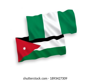 National vector fabric wave flags of Hashemite Kingdom of Jordan and Nigeria isolated on white background. 1 to 2 proportion.
