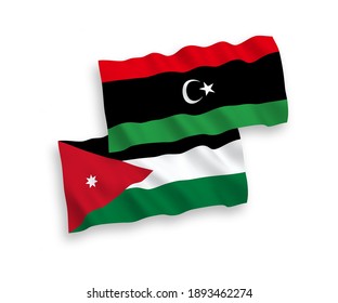 Banderas de olas de tela vectorial nacional del Reino Hachemita de Jordania y Libia aisladas en fondo blanco. de 1 a 2.