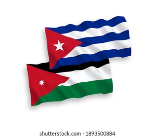 National vector fabric wave flags of Hashemite Kingdom of Jordan and Cuba isolated on white background. 1 to 2 proportion.