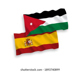 National vector fabric wave flags of Hashemite Kingdom of Jordan and Spain isolated on white background. 1 to 2 proportion.