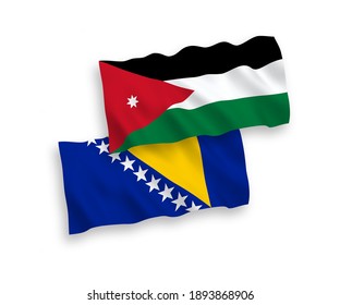 National vector fabric wave flags of Hashemite Kingdom of Jordan and Bosnia and Herzegovina isolated on white background. 1 to 2 proportion.