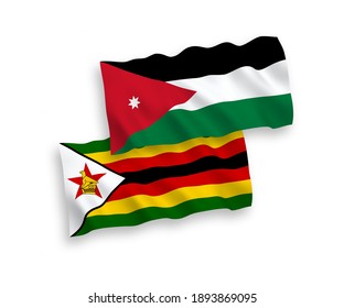 Banderas de ondulación de tela vectorial nacional del Reino Hachemita de Jordania y Zimbabwe aisladas sobre fondo blanco. de 1 a 2.