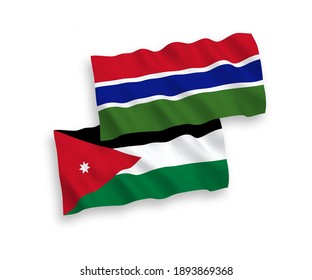National vector fabric wave flags of Hashemite Kingdom of Jordan and Republic of Gambia isolated on white background. 1 to 2 proportion.