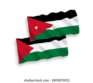 National vector fabric wave flags of Hashemite Kingdom of Jordan and Palestine isolated on white background. 1 to 2 proportion.