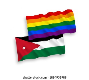 National vector fabric wave flags of Hashemite Kingdom of Jordan and Rainbow gay pride isolated on white background. 1 to 2 proportion.
