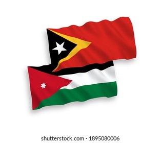 National vector fabric wave flags of Hashemite Kingdom of Jordan and East Timor isolated on white background. 1 to 2 proportion.