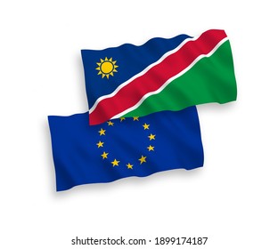 National vector fabric wave flags of European Union and Republic of Namibia isolated on white background. 1 to 2 proportion.