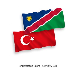 National vector fabric wave flags of Turkey and Republic of Namibia isolated on white background. 1 to 2 proportion.