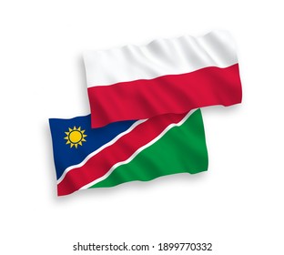 Banderas de olas de tela vectorial nacionales de la República de Namibia y Polonia aisladas en fondo blanco. de 1 a 2.