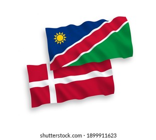 National vector fabric wave flags of Denmark and Republic of Namibia isolated on white background. 1 to 2 proportion.