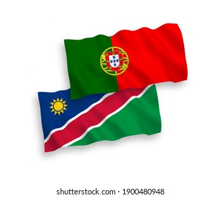 National vector fabric wave flags of Portugal and Republic of Namibia isolated on white background. 1 to 2 proportion.