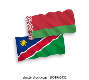 National vector fabric wave flags of Republic of Namibia and Belarus isolated on white background. 1 to 2 proportion.