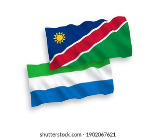 National vector fabric wave flags of Republic of Namibia and Sierra Leone isolated on white background. 1 to 2 proportion.