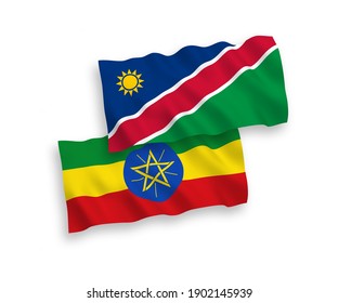 National vector fabric wave flags of Republic of Namibia and Ethiopia isolated on white background. 1 to 2 proportion.